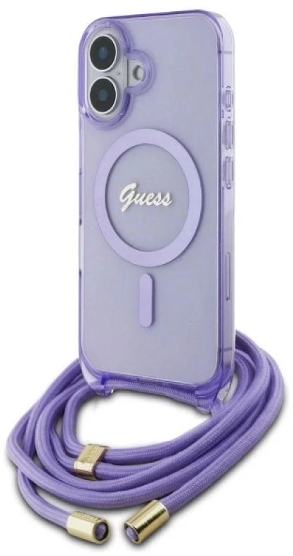 Guess GUHMP16SHCTSGNSU Apple iPhone 16 6.1″ violetinės spalvos kietas dėklas Crossbody Cord Script MagSafe