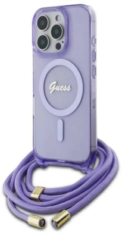 Guess GUHMP16XHCTSGNSU Apple iPhone 16 Pro Max 6.9″ violetinės spalvos kietas dėklas Crossbody Cord Script MagSaf