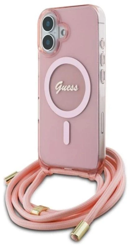 Guess GUHMP16SHCTSGNSP Apple iPhone 16 6.1″ rožinės spalvos kietas dėklas Crossbody Cord Script MagSafe