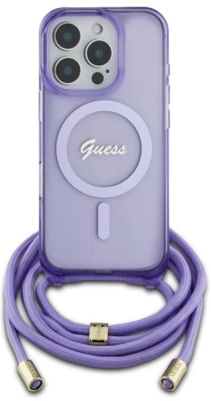 Guess GUHMP16XHCTSGNSU Apple iPhone 16 Pro Max 6.9″ violetinės spalvos kietas dėklas Crossbody Cord Script MagSaf