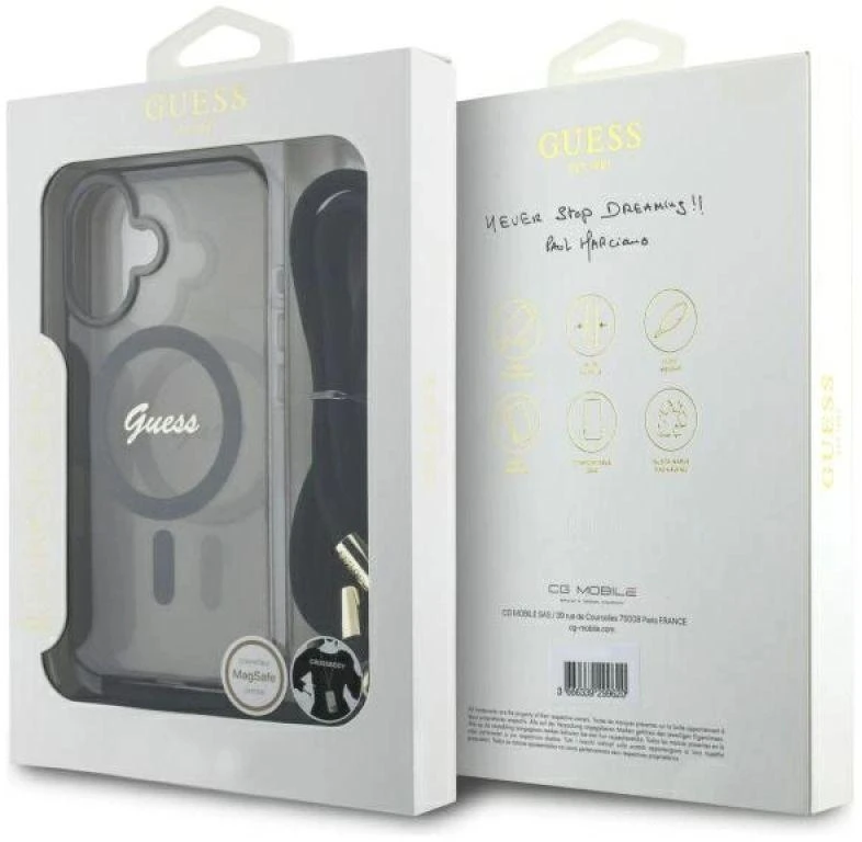 Guess GUHMP16SHCTSGNSK Apple iPhone 16 6.1″ juodos spalvos kietas dėklas Crossbody Cord Script MagSafe