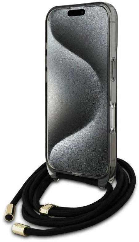 Guess GUHMP16SHCTSGNSK Apple iPhone 16 6.1″ juodos spalvos kietas dėklas Crossbody Cord Script MagSafe