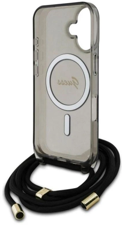 Guess GUHMP16SHCTSGNSK Apple iPhone 16 6.1″ juodos spalvos kietas dėklas Crossbody Cord Script MagSafe