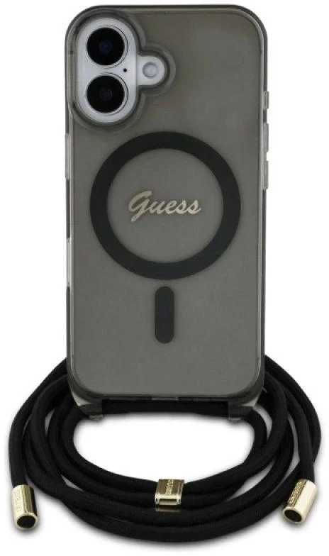 Guess GUHMP16SHCTSGNSK Apple iPhone 16 6.1″ juodos spalvos kietas dėklas Crossbody Cord Script MagSafe