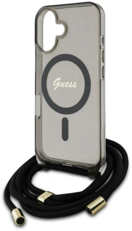 Guess GUHMP16SHCTSGNSK Apple iPhone 16 6.1″ juodos spalvos kietas dėklas Crossbody Cord Script MagSafe