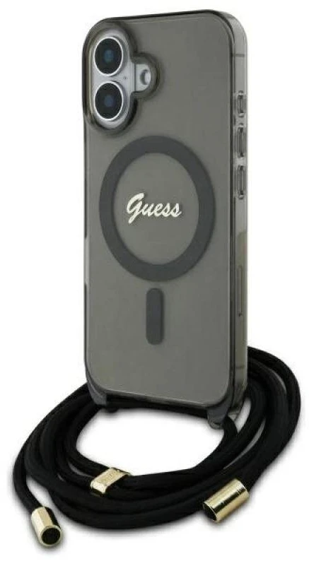 Guess GUHMP16SHCTSGNSK Apple iPhone 16 6.1″ juodos spalvos kietas dėklas Crossbody Cord Script MagSafe
