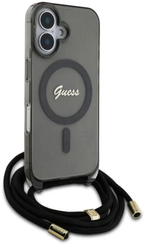 Guess GUHMP16SHCTSGNSK Apple iPhone 16 6.1″ juodos spalvos kietas dėklas Crossbody Cord Script MagSafe