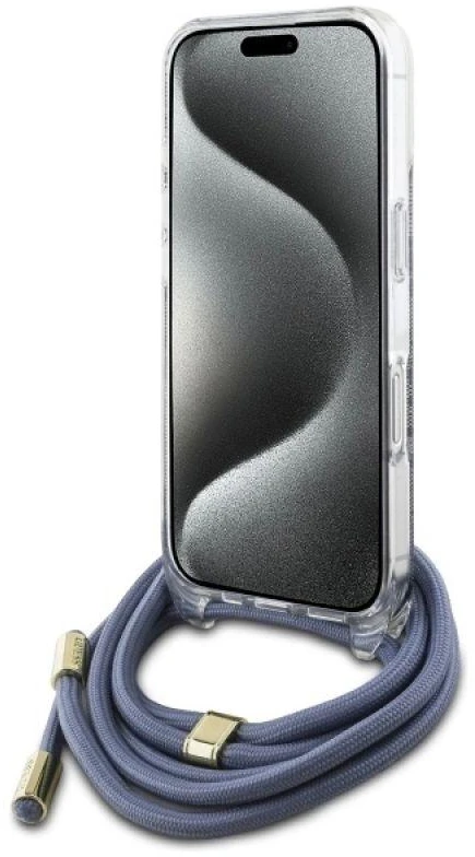 Guess GUHCP16XHC4SEB Apple iPhone 16 Pro Max 6.9″ mėlynas kietas dėklas Crossbody Cord 4G Print