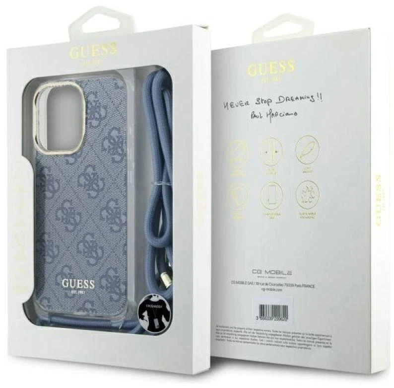 Guess GUHCP16XHC4SEB Apple iPhone 16 Pro Max 6.9″ mėlynas kietas dėklas Crossbody Cord 4G Print