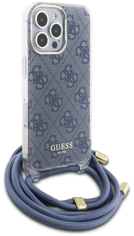 Guess GUHCP16XHC4SEB Apple iPhone 16 Pro Max 6.9″ mėlynas kietas dėklas Crossbody Cord 4G Print