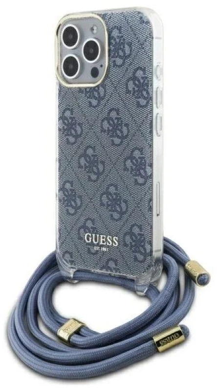 Guess GUHCP16XHC4SEB Apple iPhone 16 Pro Max 6.9″ mėlynas kietas dėklas Crossbody Cord 4G Print