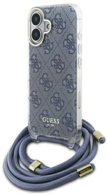 Guess GUHCP16SHC4SEB Apple iPhone 16 6.1″ mėlynas kietas dėklas Crossbody Cord 4G Print
