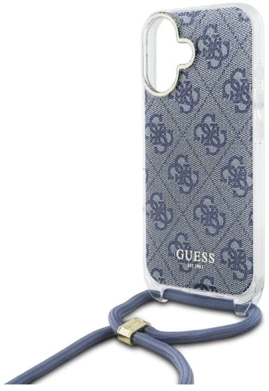 Guess GUHCP16SHC4SEB Apple iPhone 16 6.1″ mėlynas kietas dėklas Crossbody Cord 4G Print