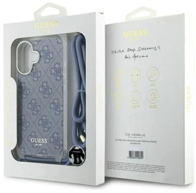 Guess GUHCP16SHC4SEB Apple iPhone 16 6.1″ mėlynas kietas dėklas Crossbody Cord 4G Print