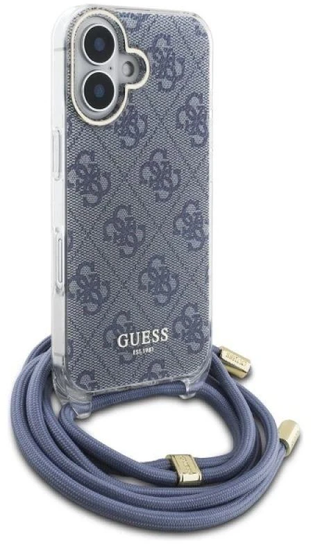 Guess GUHCP16SHC4SEB Apple iPhone 16 6.1″ mėlynas kietas dėklas Crossbody Cord 4G Print