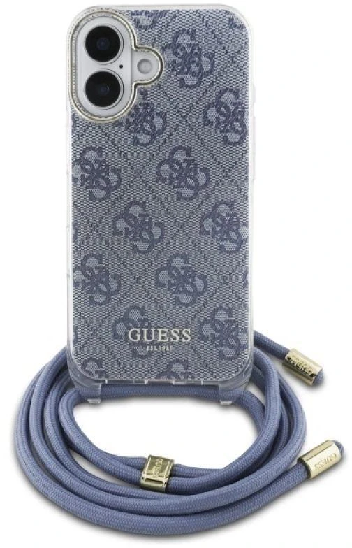 Guess GUHCP16SHC4SEB Apple iPhone 16 6.1″ mėlynas kietas dėklas Crossbody Cord 4G Print