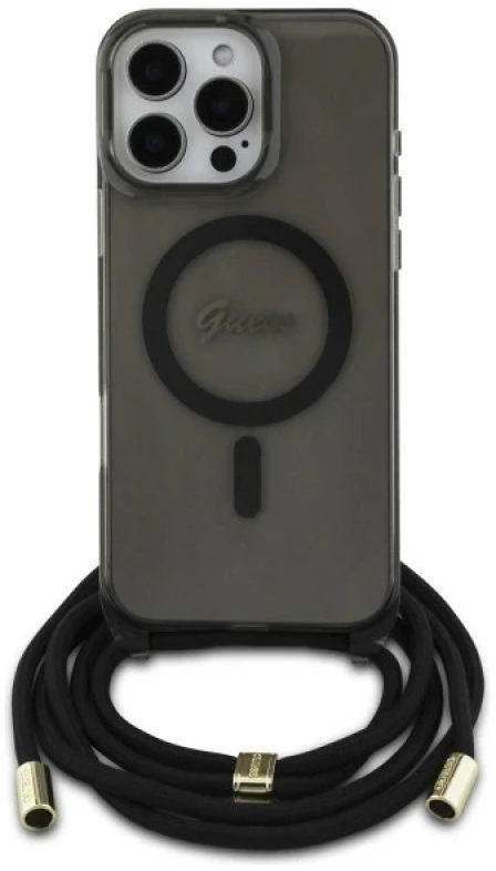 Guess GUHMP16LHCTSGNSK Apple iPhone 16 Pro 6.3″ juodos spalvos kietas dėklas Crossbody Cord Script MagSafe