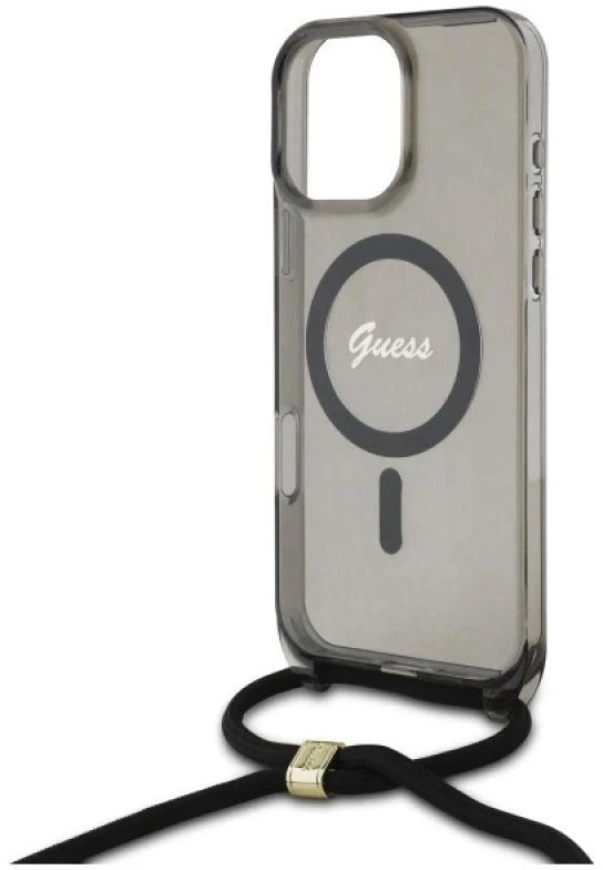 Guess GUHMP16LHCTSGNSK Apple iPhone 16 Pro 6.3″ juodos spalvos kietas dėklas Crossbody Cord Script MagSafe