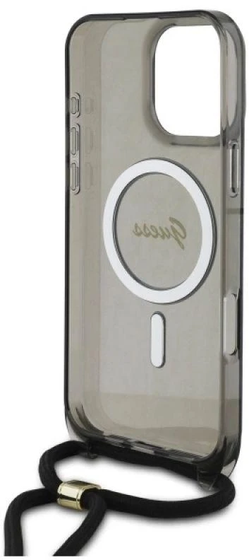 Guess GUHMP16LHCTSGNSK Apple iPhone 16 Pro 6.3″ juodos spalvos kietas dėklas Crossbody Cord Script MagSafe