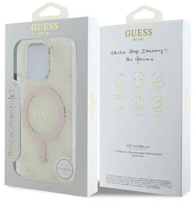 Guess GUHMP16LH4DTEH Apple iPhone 16 Pro 6.3″ baltos spalvos kietas dėklas IML 4G Background MagSafe