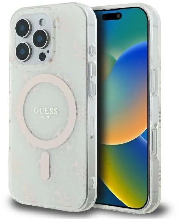 Guess GUHMP16LH4DTEH Apple iPhone 16 Pro 6.3″ baltos spalvos kietas dėklas IML 4G Background MagSafe