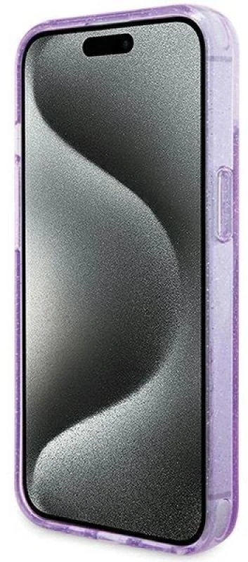 Guess GUHMP15MHRSGSU Apple iPhone 15 Plus/ 14 Plus 6.7″ violetinės spalvos kietas dėklas Ring Stand Script Glitte