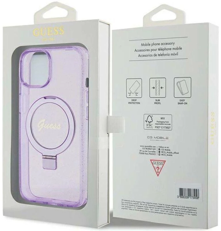 Guess GUHMP15MHRSGSU Apple iPhone 15 Plus/ 14 Plus 6.7″ violetinės spalvos kietas dėklas Ring Stand Script Glitte
