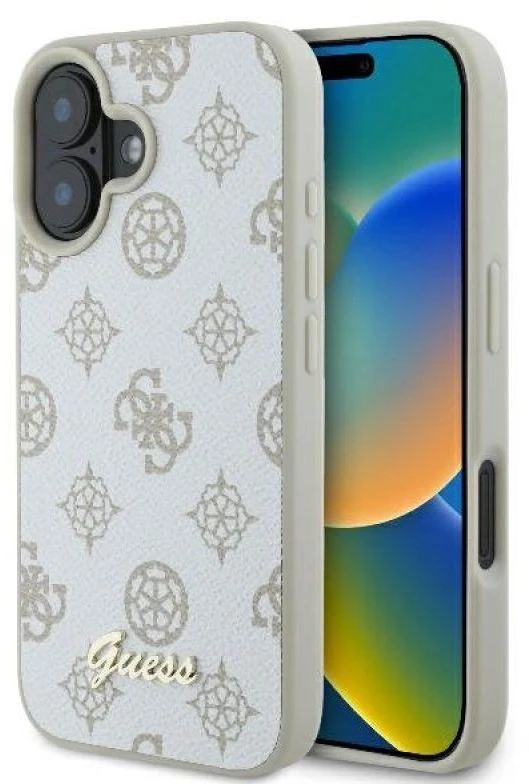 Guess GUHMP16SPGPYSH Apple iPhone 16 6.1″ baltos spalvos kietas dėklas Peony Script Logo MagSafe