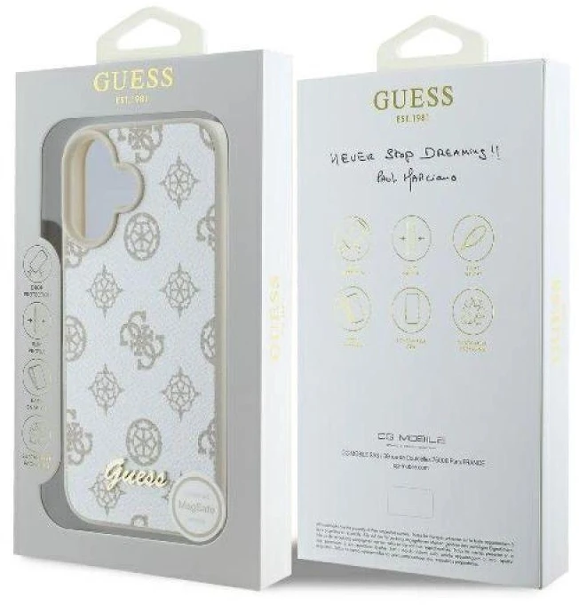 Guess GUHMP16SPGPYSH Apple iPhone 16 6.1″ baltos spalvos kietas dėklas Peony Script Logo MagSafe