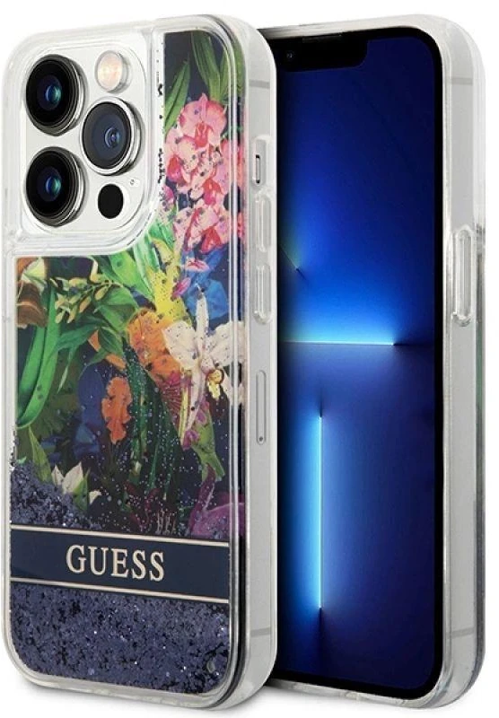 Guess GUHCP14XLFLSB Apple iPhone 14 Pro Max 6,7″ mėlynas kietas dėklas Flower Liquid Glitter