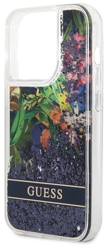 Guess GUHCP14XLFLSB Apple iPhone 14 Pro Max 6,7″ mėlynas kietas dėklas Flower Liquid Glitter