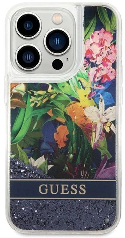 Guess GUHCP14XLFLSB Apple iPhone 14 Pro Max 6,7″ mėlynas kietas dėklas Flower Liquid Glitter