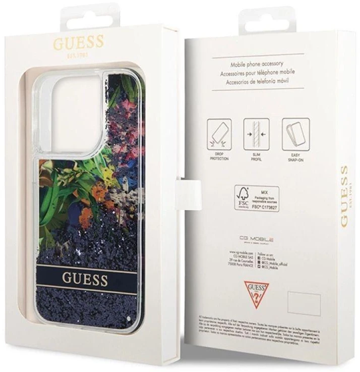Guess GUHCP14XLFLSB Apple iPhone 14 Pro Max 6,7″ mėlynas kietas dėklas Flower Liquid Glitter