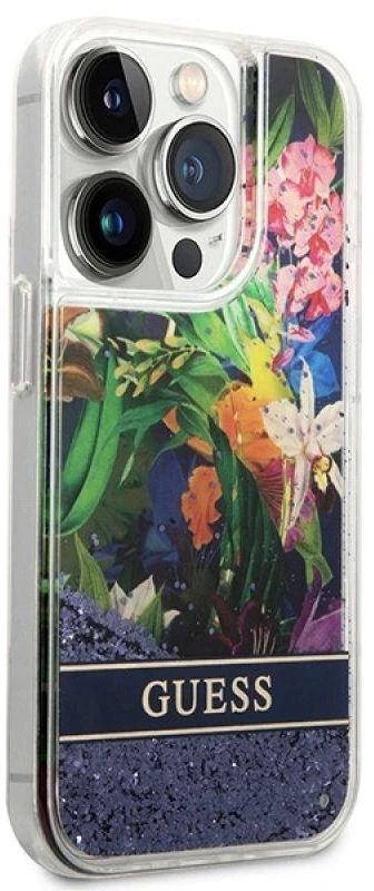 Guess GUHCP14XLFLSB Apple iPhone 14 Pro Max 6,7″ mėlynas kietas dėklas Flower Liquid Glitter