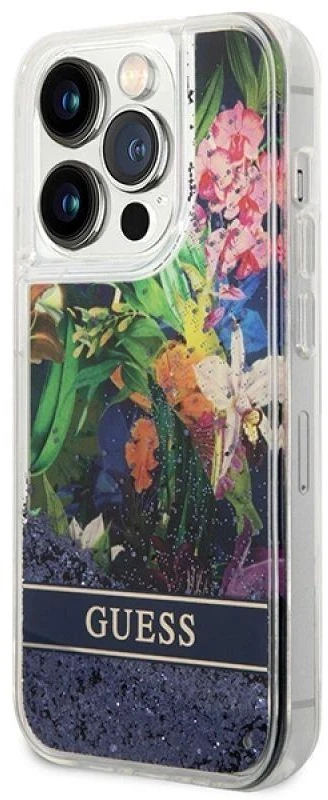 Guess GUHCP14XLFLSB Apple iPhone 14 Pro Max 6,7″ mėlynas kietas dėklas Flower Liquid Glitter