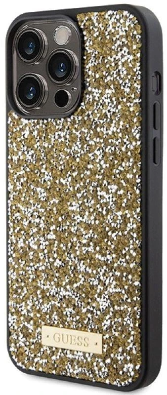 Guess GUHCP15XPFGSBSD Apple iPhone 15 Pro Max 6.7″ yellow kietas dėklas Rhinestone Metal Logo
