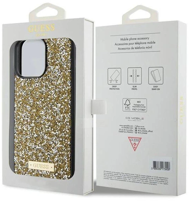 Guess GUHCP15XPFGSBSD Apple iPhone 15 Pro Max 6.7″ yellow kietas dėklas Rhinestone Metal Logo