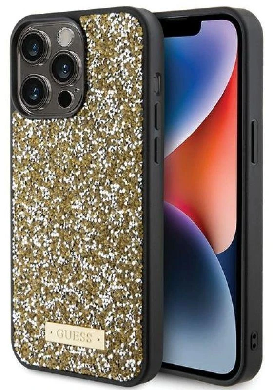 Guess GUHCP15XPFGSBSD Apple iPhone 15 Pro Max 6.7″ yellow kietas dėklas Rhinestone Metal Logo