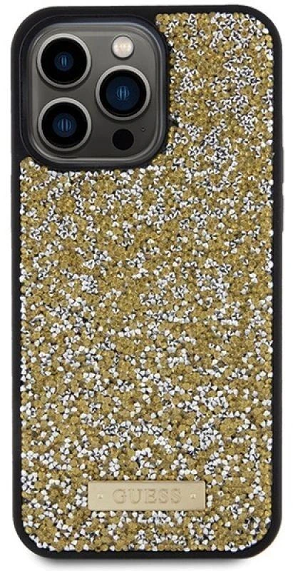 Guess GUHCP15XPFGSBSD Apple iPhone 15 Pro Max 6.7″ yellow kietas dėklas Rhinestone Metal Logo