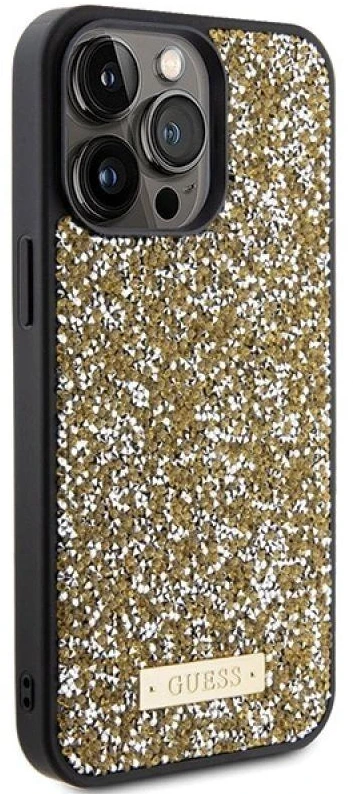 Guess GUHCP15XPFGSBSD Apple iPhone 15 Pro Max 6.7″ yellow kietas dėklas Rhinestone Metal Logo