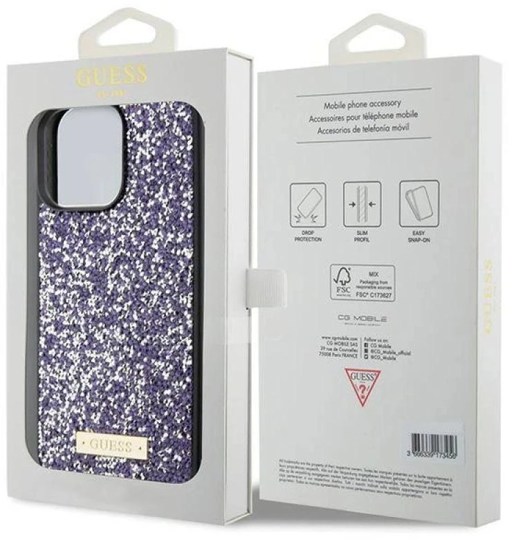 Dėklas GUESS GUHCP15LPFGSBSBSBSPP IPHONE 15 PRO 6.1 "PURPLE/PURPLE HARDCASE RHINESTONE METAL LOGO