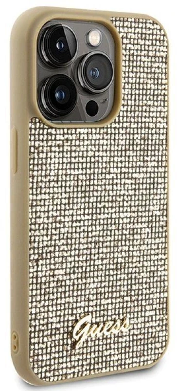 Guess GUHCP15LPMSDGSD Apple iPhone 15 Pro 6.1″ auksinis kietas dėklas Disco Metal Script