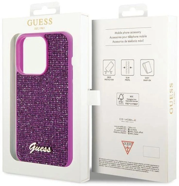 Guess GUHCP15LPMSDGSF iPhone 15 Pro 6.1" fuksja / fuschia kietas dėklas Disco Metal Script