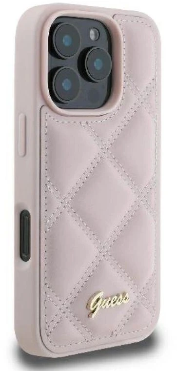 Guess Quilted Metal Logo Apple iPhone 16 Pro - dėklas telefonui rožinės spalvos