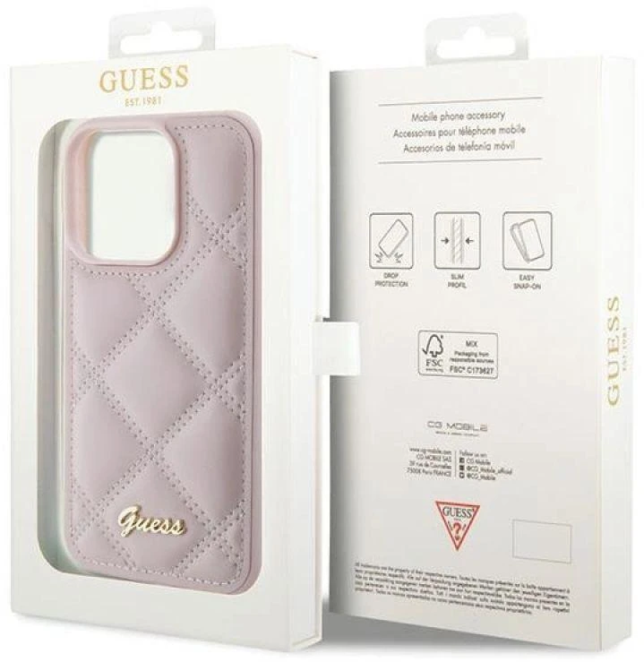 Dėklas GUESS GUHCP15LPSQSQSP IPHONE 15 PRO 6.1 "Rožinis/Rožinis HARDCASE QUILTED METAL LOGO