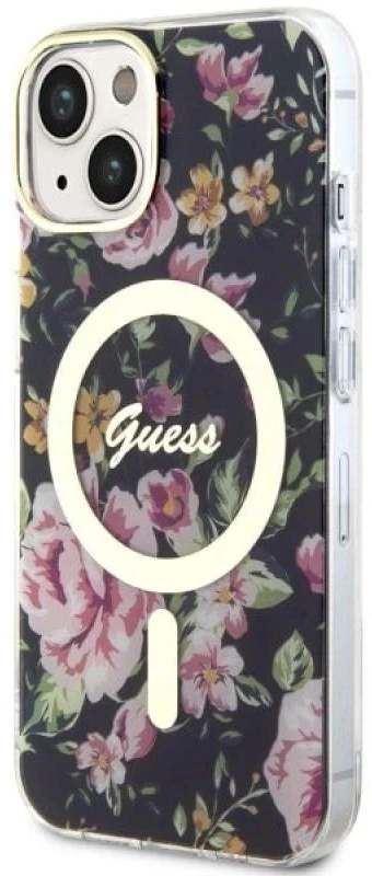 Guess GUHMP14SHCFWSK Apple iPhone 14 / 15 / 13 6.1″ juodos spalvos kietas dėklas Flower MagSafe