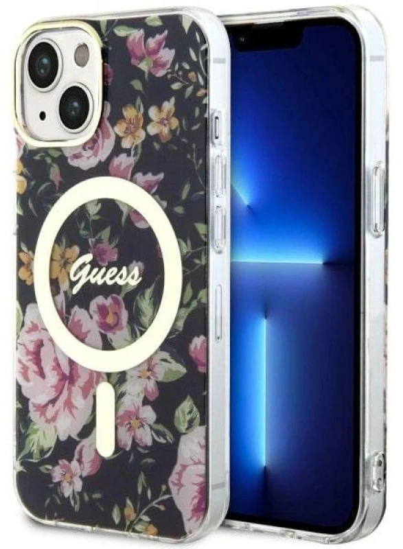 Guess GUHMP14SHCFWSK Apple iPhone 14 / 15 / 13 6.1″ juodos spalvos kietas dėklas Flower MagSafe