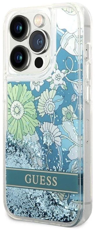 Guess GUHCP14XLFLSN Apple iPhone 14 Pro Max 6,7″ žalias kietas dėklas Flower Liquid Glitter