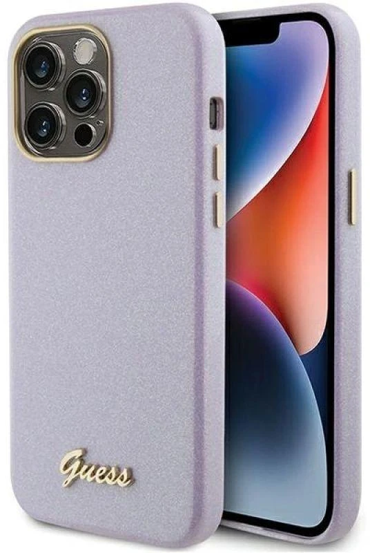 Apple iPhone 15 Pro Max Guess dėklas Glitter Glossy Script (GUHCP15XPGMCSL) violetinės spalvos