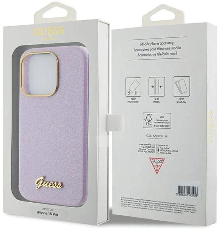 Apple iPhone 15 Pro Max Guess dėklas Glitter Glossy Script (GUHCP15XPGMCSL) violetinės spalvos